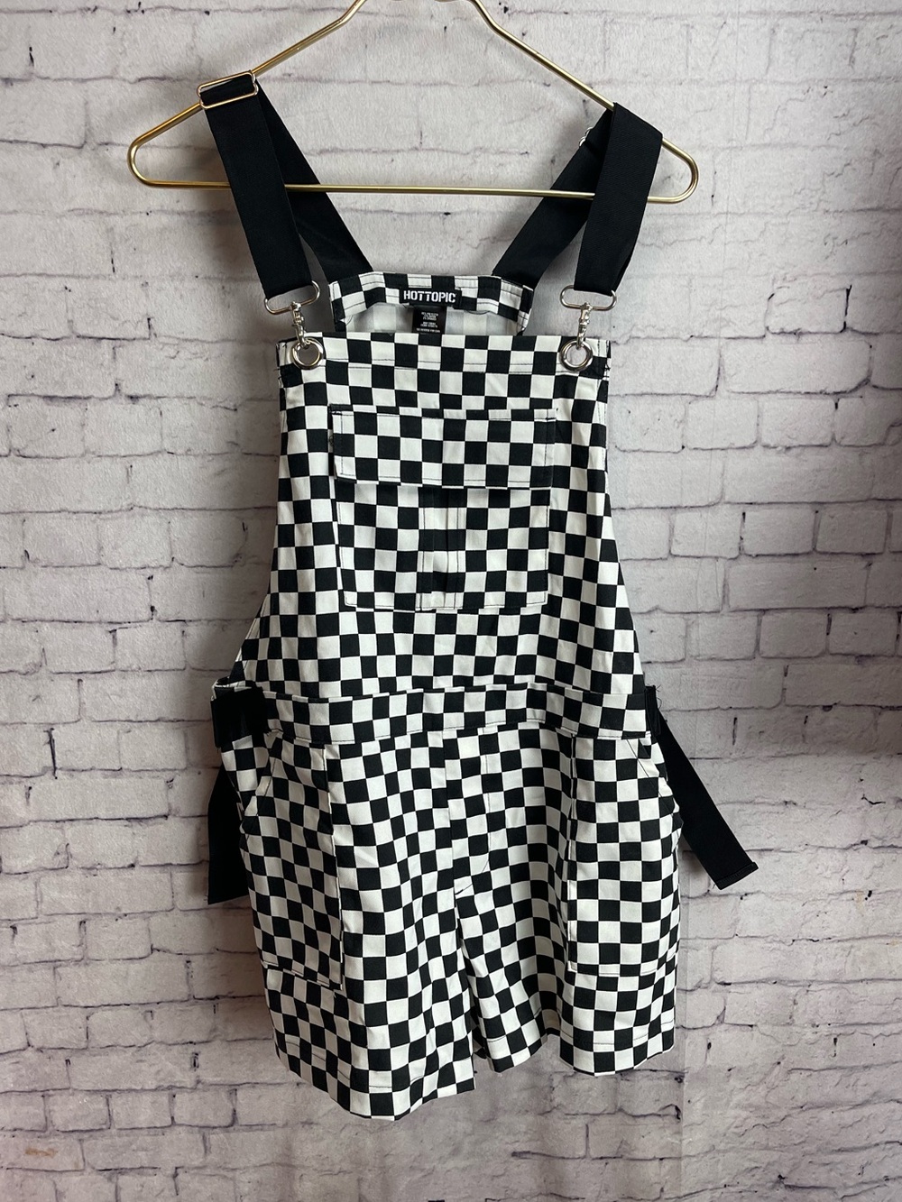 Hot topic short overalls black and white checker pattern size medium